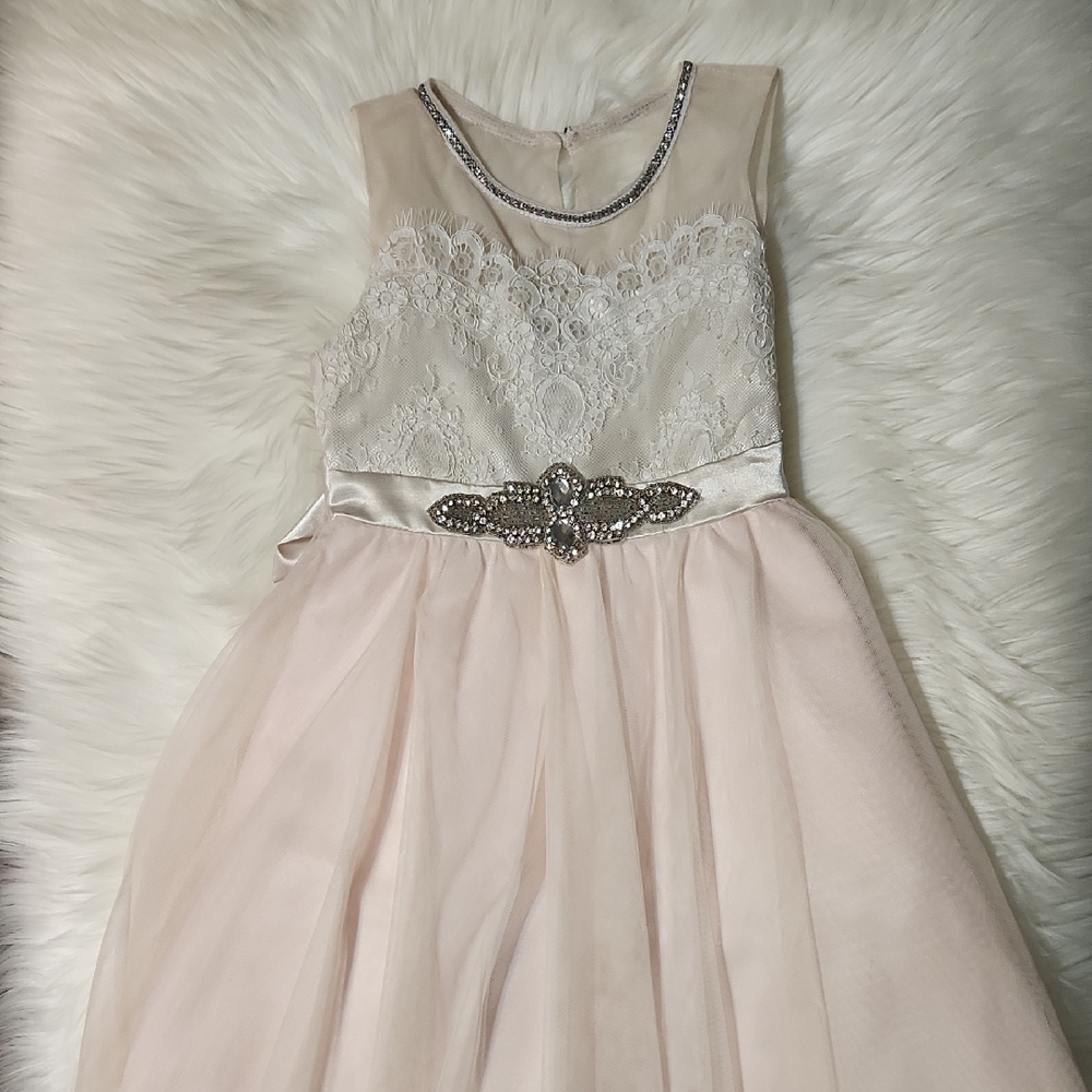 Charming Blush Lace Kids Dress with Embellished Waist/satin Sash - Girls Size 5